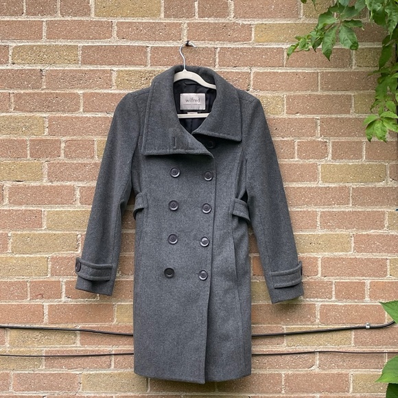 Women's Coat: Aritzia Wilfred Cashmere + Wool Dark Gray Peacoat - Picture 4 of 16